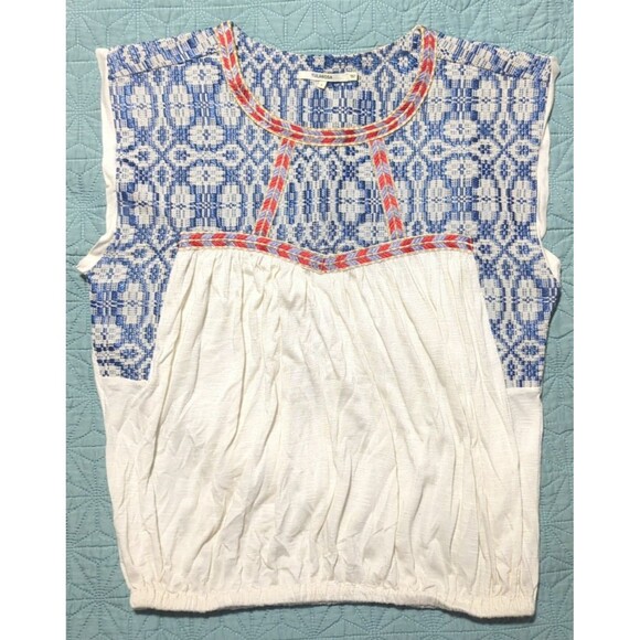 Tularosa Tops - Tularosa Embroidered Yoke Memphis Top Ivory Jersey Knit Elastic Hem Blouson S